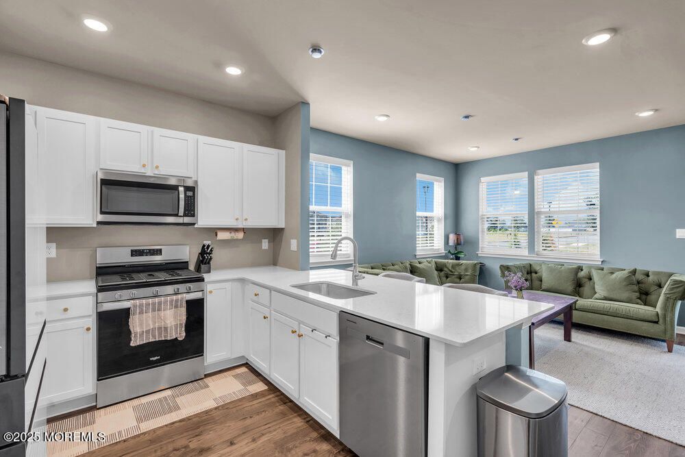 Interior, Kitchen, Living room, Recessed Lighting, Stainless Steel Appliances, Wood Texture Flooring