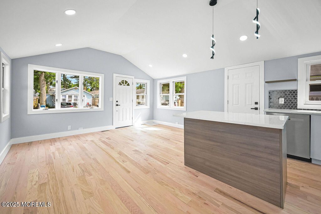 Empty room, Interior, Kitchen, Pendant Lights, Recessed Lighting, Wood Texture Flooring