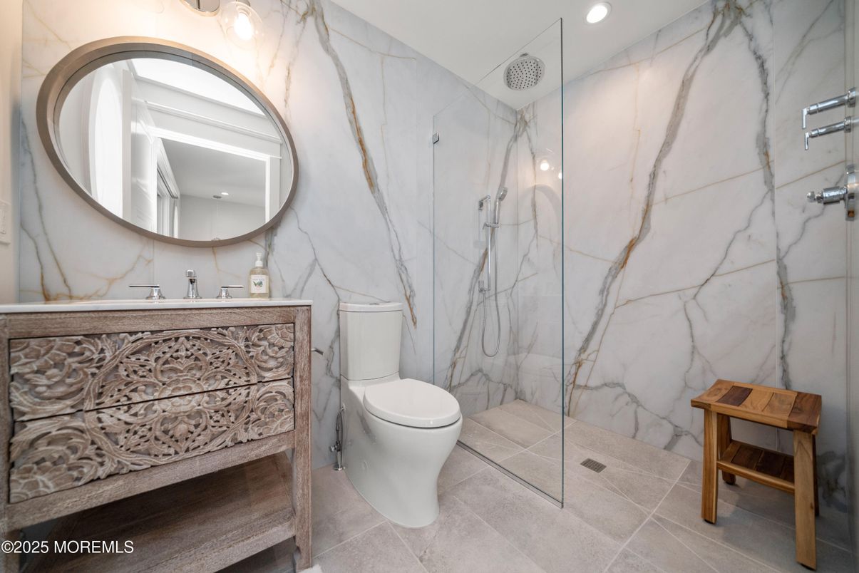 Bathroom, Glass Shower, Interior, Marble Walls, Recessed Lighting