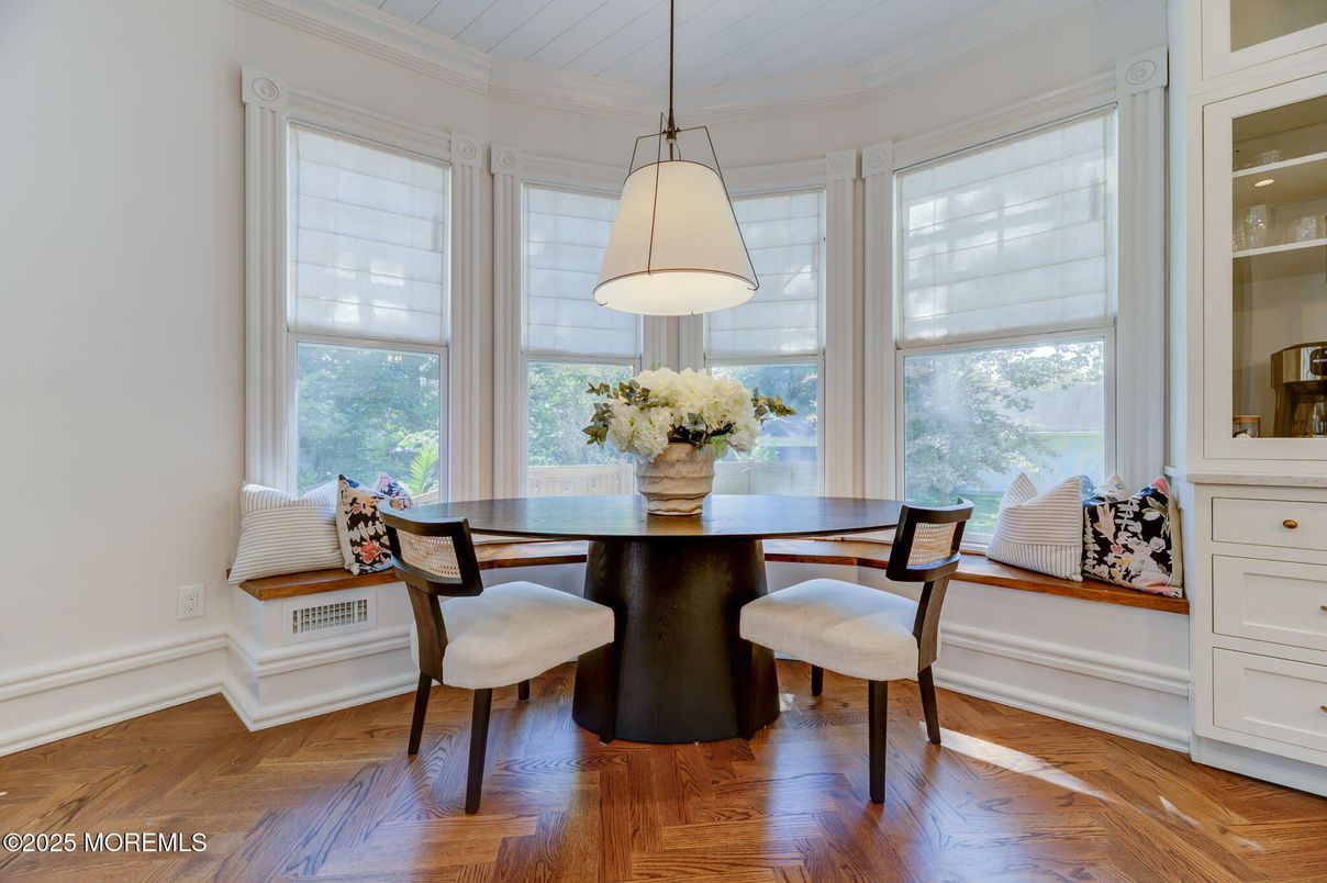 Dining room, Interior, Pendant Lights, Wood Texture Flooring