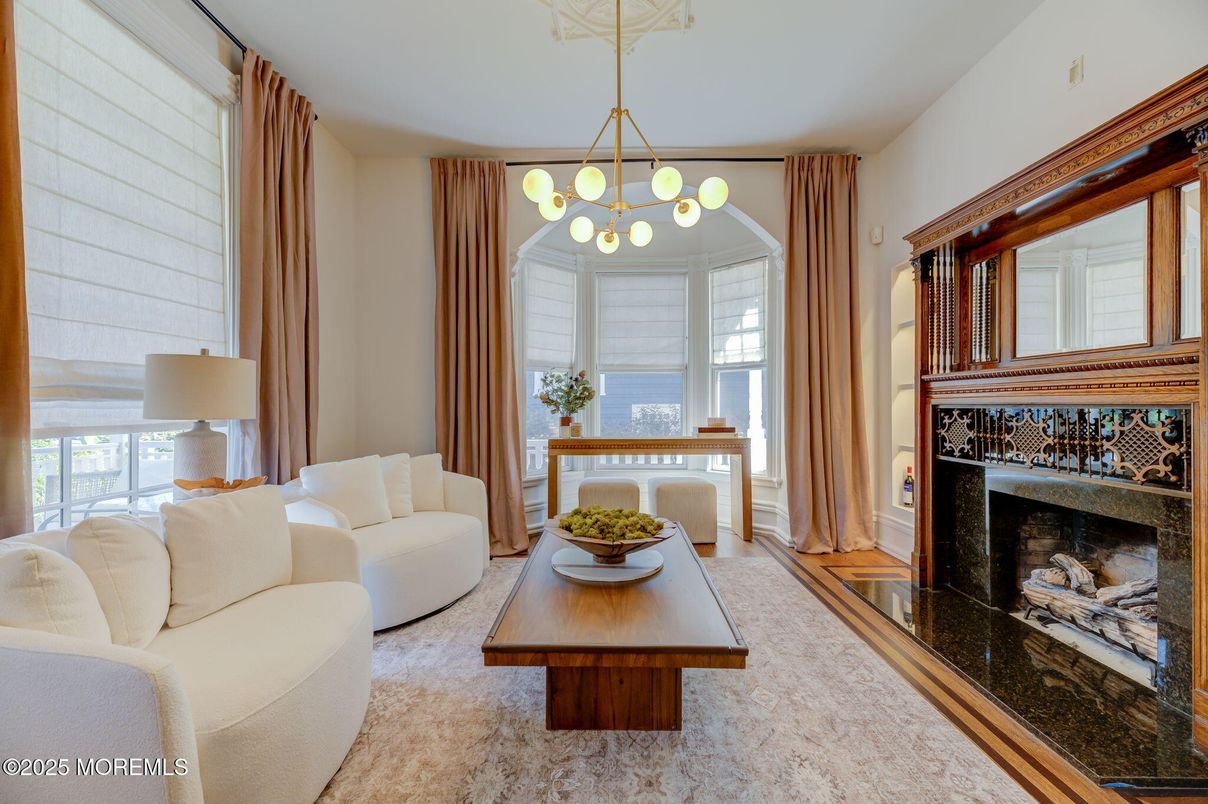 Fireplace, Interior, Living room, Pendant Lights, Wood Texture Flooring