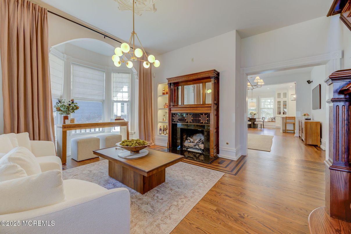 Fireplace, Interior, Living room, Pendant Lights, Wood Texture Flooring