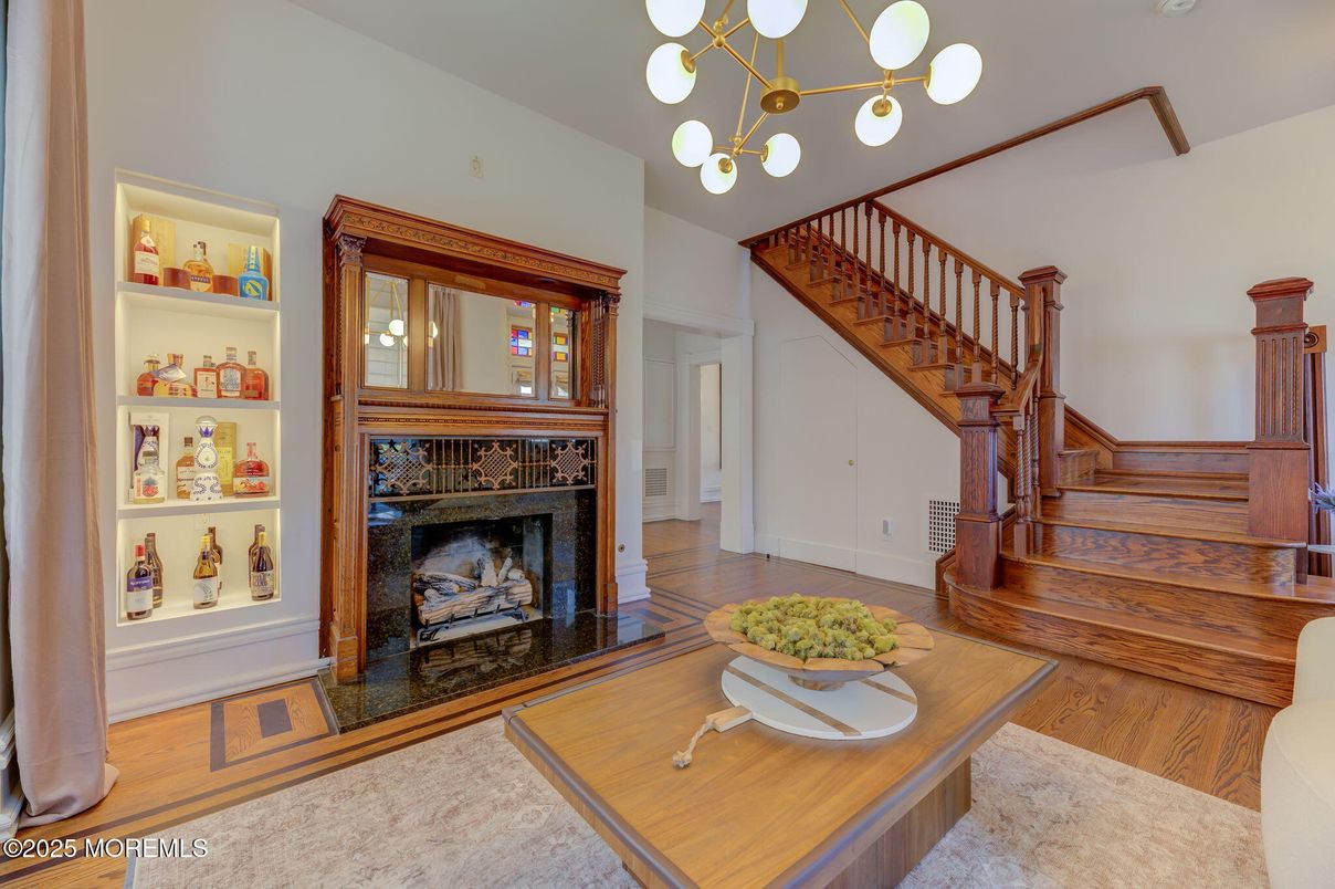 Fireplace, Interior, Pendant Lights, Wood Texture Flooring