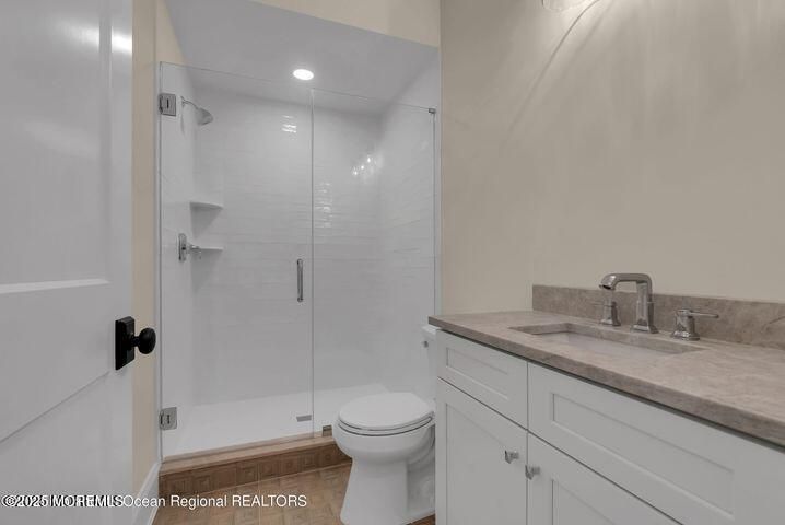 Bathroom, Glass Shower, Interior, Recessed Lighting, Wood Texture Flooring