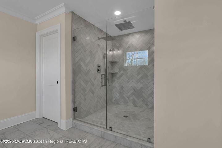 Bathroom, Glass Shower, Interior, Marble, Marble Walls, Recessed Lighting