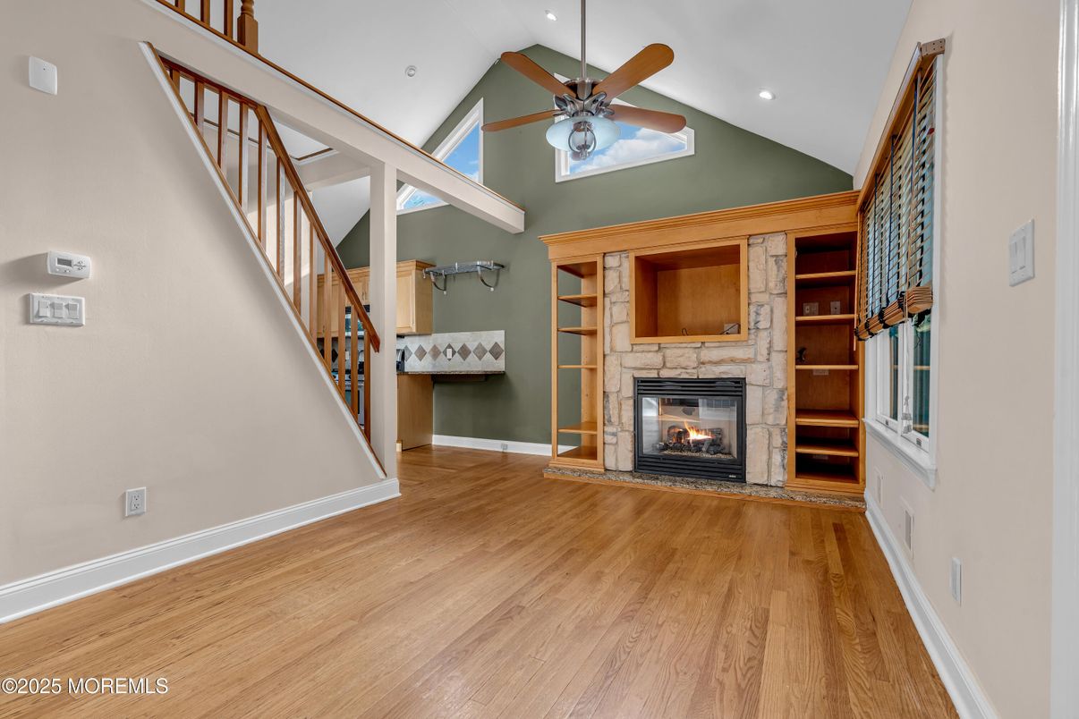 Fireplace, Interior, Recessed Lighting, Wood Texture Flooring