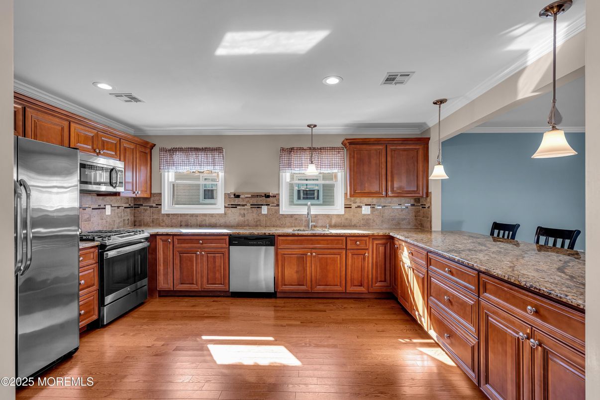 Interior, Kitchen, Pendant Lights, Recessed Lighting, Stainless Steel Appliances, Wood Texture Flooring