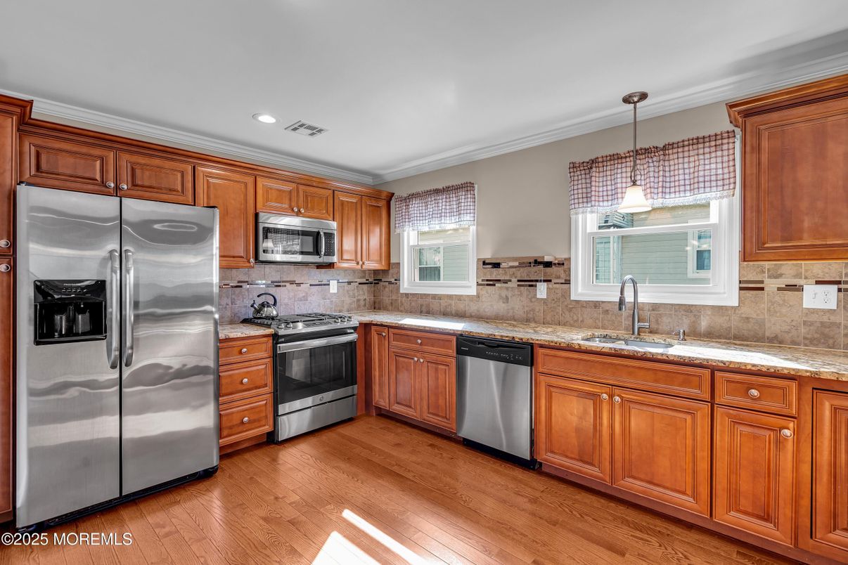 Interior, Kitchen, Pendant Lights, Recessed Lighting, Stainless Steel Appliances, Wood Texture Flooring