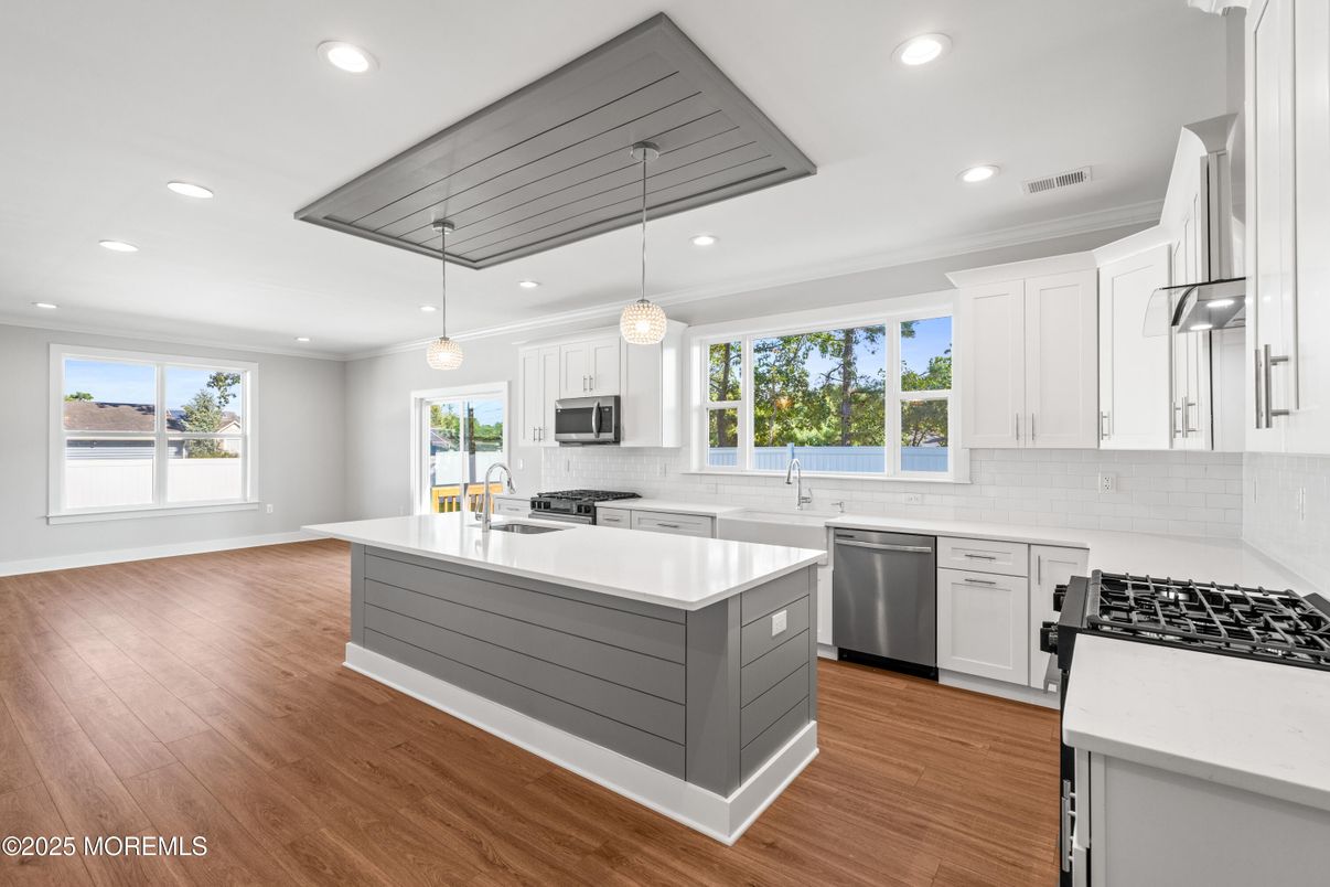 Interior, Kitchen, Pendant Lights, Recessed Lighting, Stainless Steel Appliances, Wood Texture Flooring