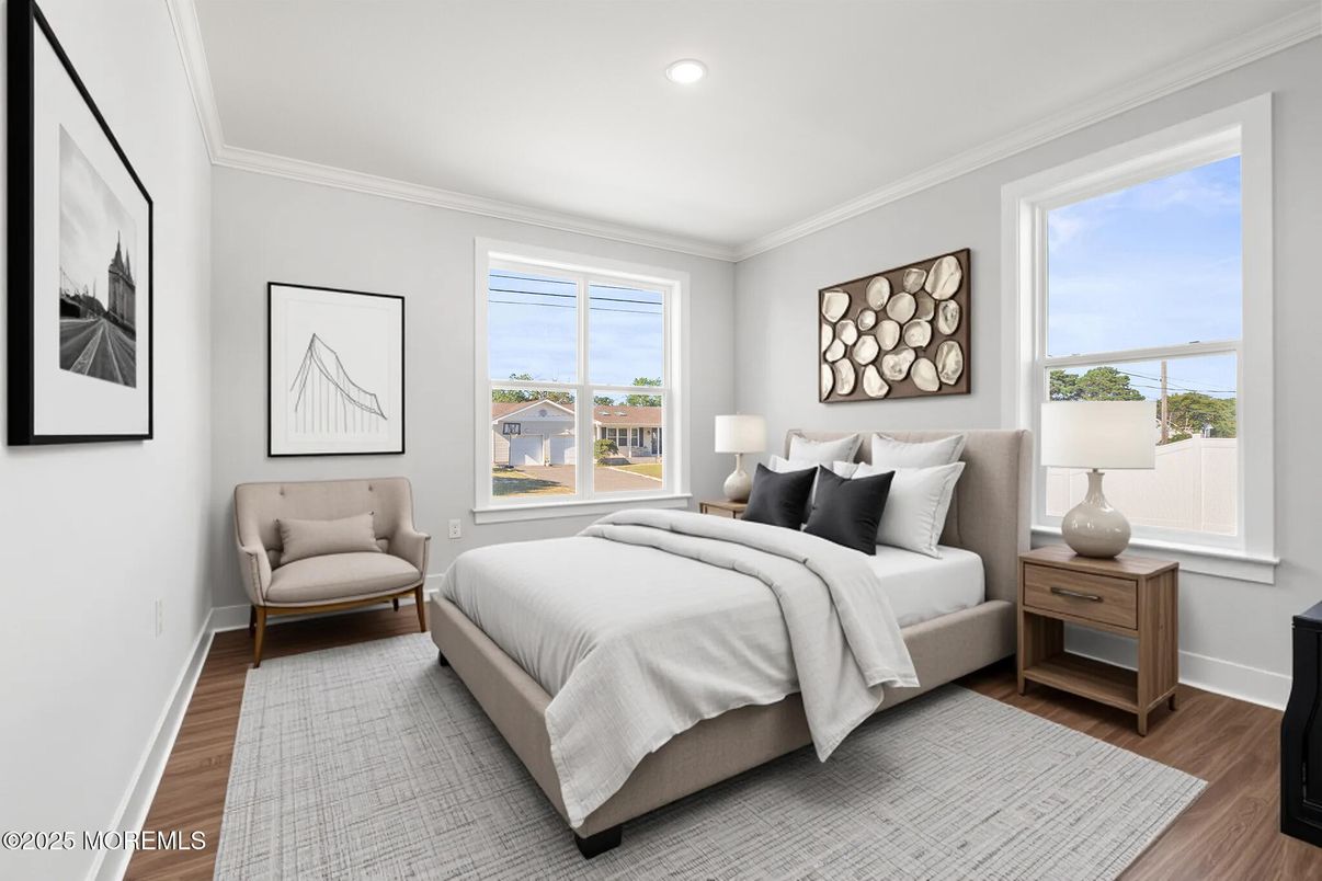 Bedroom, Interior, Recessed Lighting, Water, Wood Texture Flooring