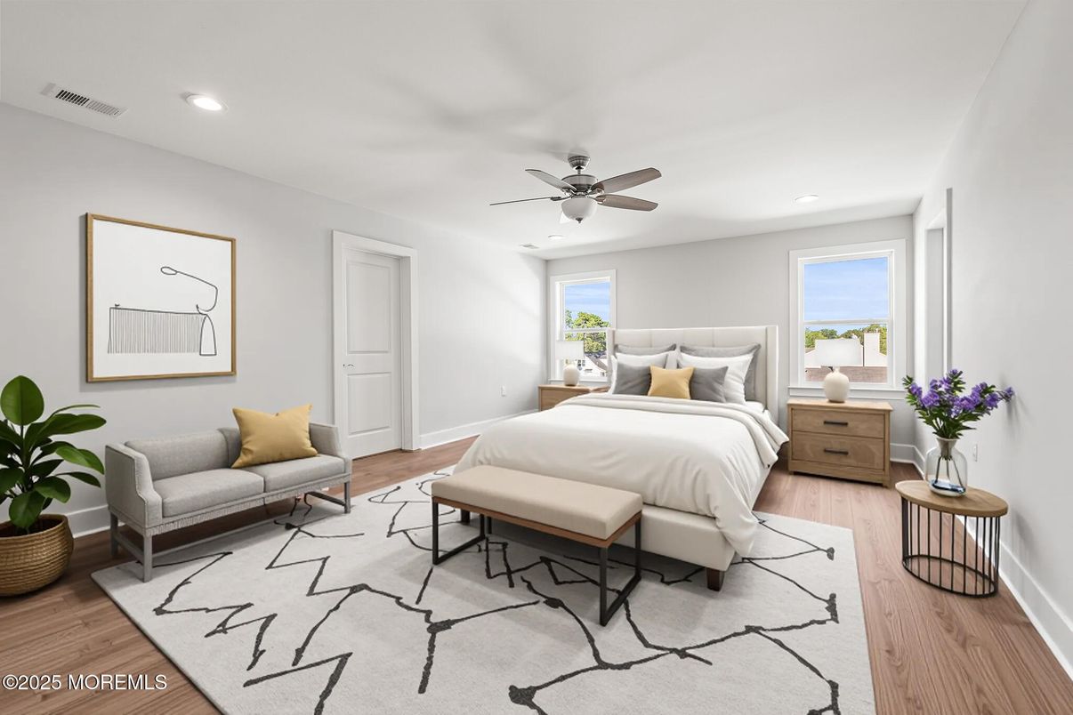 Bedroom, Interior, Recessed Lighting, Wood Texture Flooring