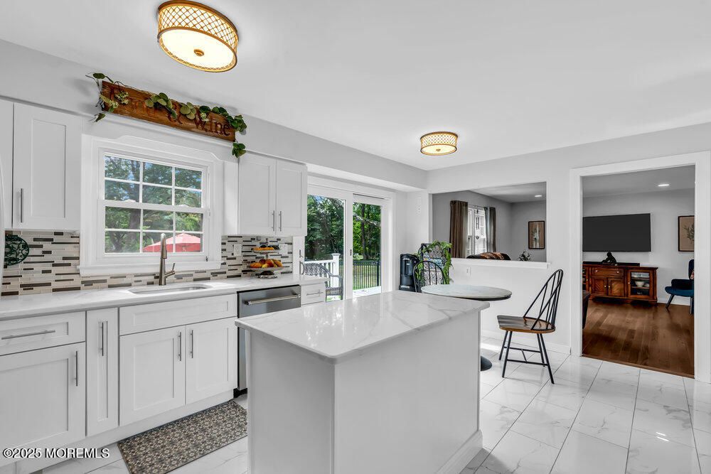 Interior, Kitchen, Marble, Recessed Lighting, Wood Texture Flooring