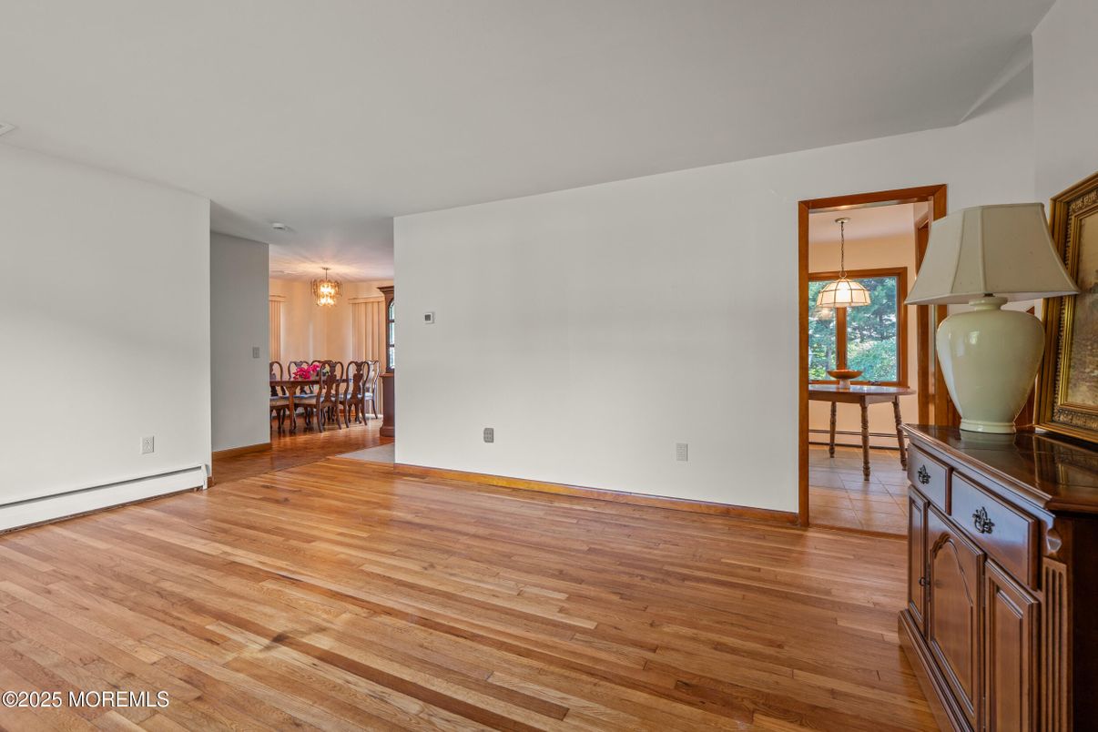 Dining room, Empty room, Interior, Pendant Lights, Wood Texture Flooring