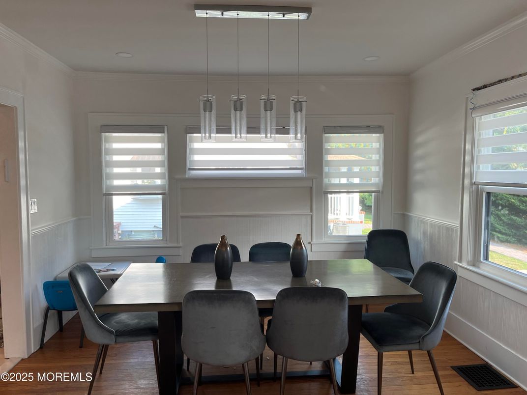 Dining room, Interior, Pendant Lights, Wood Texture Flooring