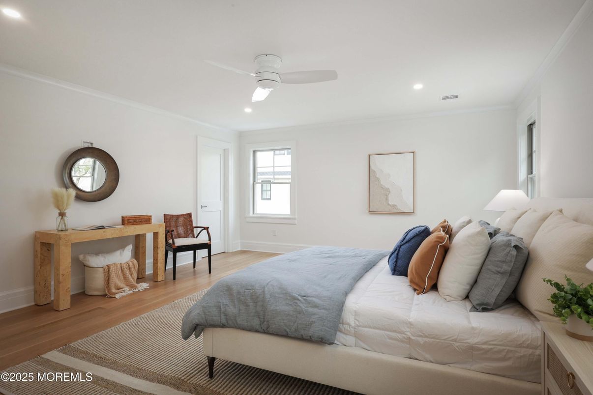 Bedroom, Interior, Recessed Lighting, Wood Texture Flooring