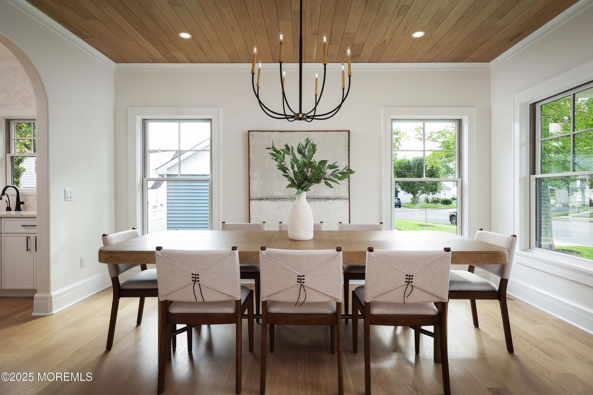 Dining room, Interior, Pendant Lights, Recessed Lighting, Wooden Ceilings, Wood Texture Flooring