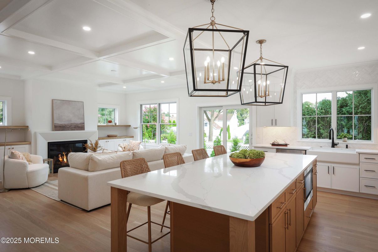 Fireplace, Interior, Kitchen, Living room, Pendant Lights, Recessed Lighting, Wood Texture Flooring