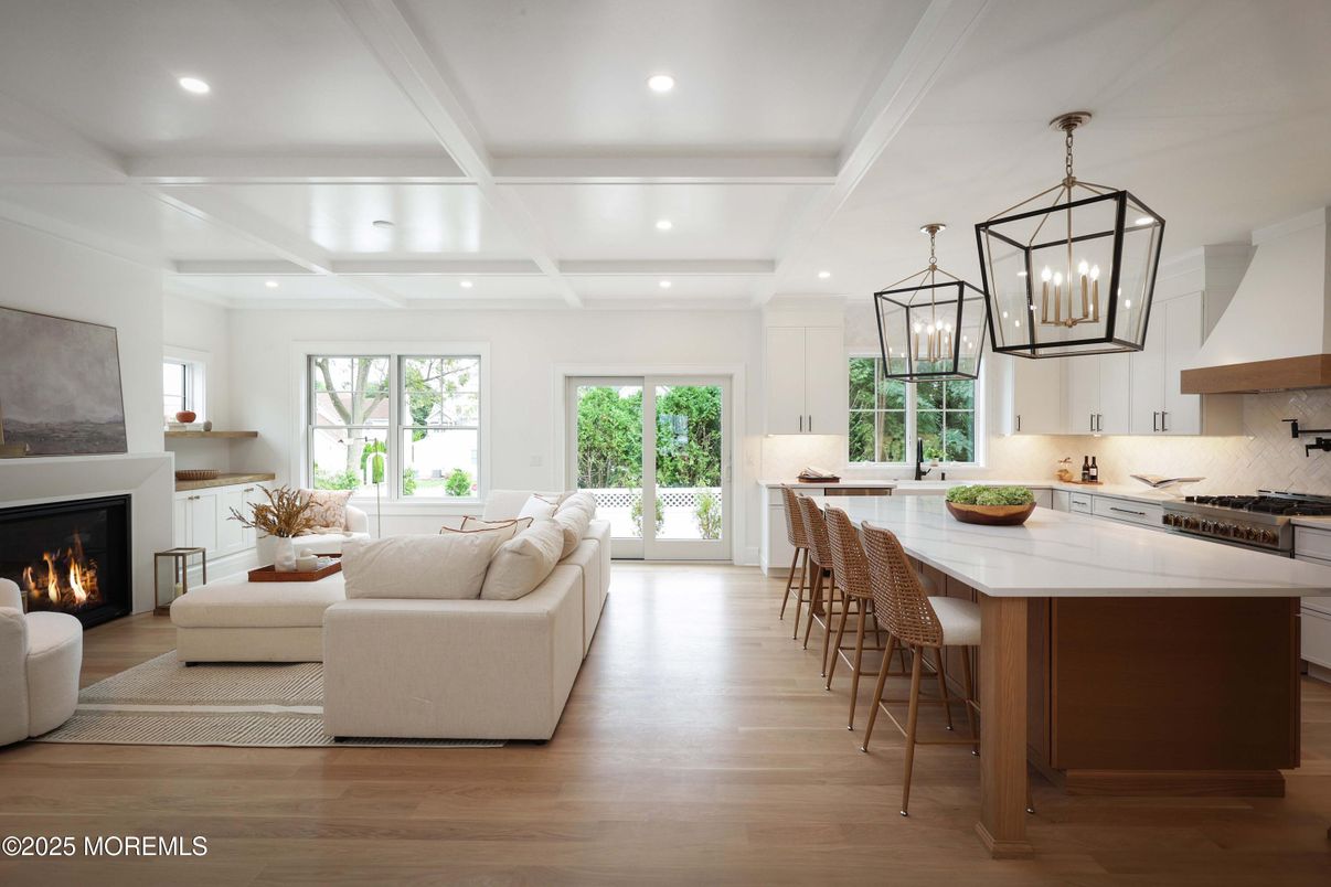 Fireplace, Interior, Kitchen, Living room, Pendant Lights, Recessed Lighting, Wood Texture Flooring