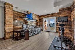 Fitness Equipment, Interior, Recessed Lighting, Wood Texture Flooring, Wooden Walls