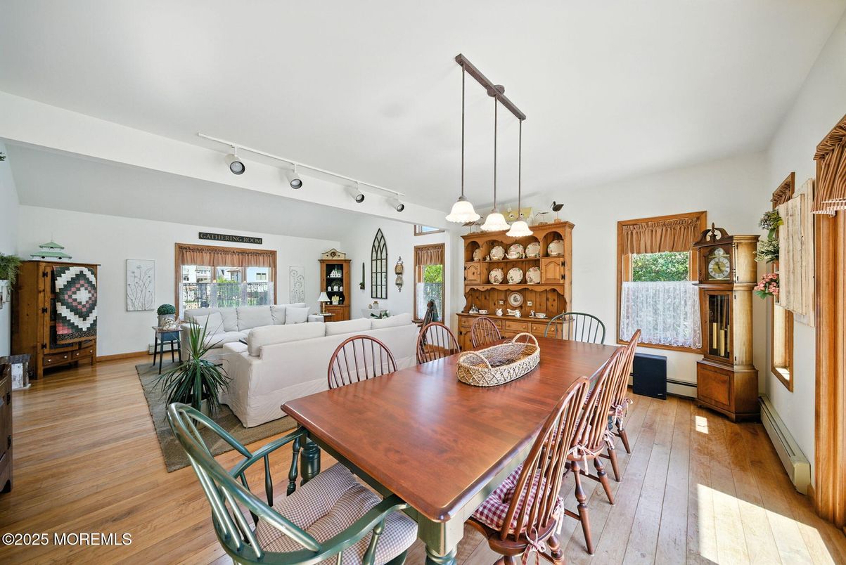 Dining room, Interior, Living room, Pendant Lights, Wood Texture Flooring