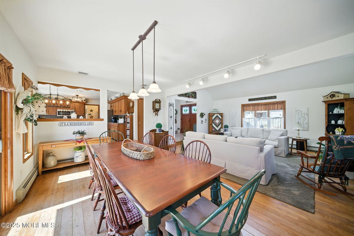 Dining room, Interior, Kitchen, Living room, Pendant Lights, Wood Texture Flooring