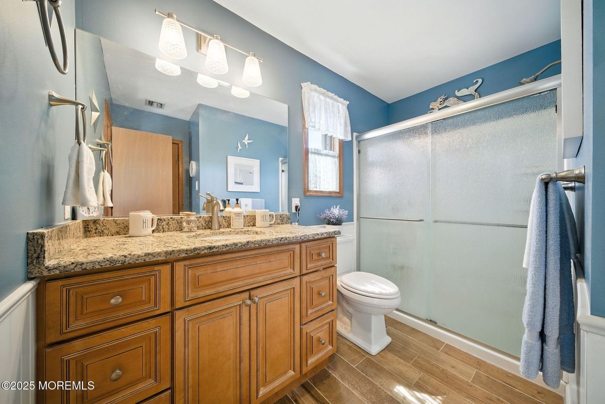 Bathroom, Glass Shower, Interior, Wood Texture Flooring