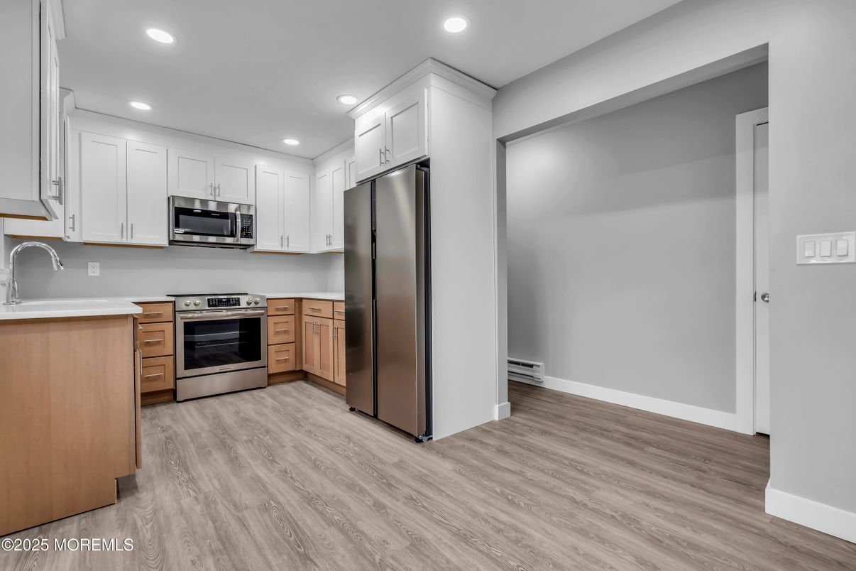 Interior, Kitchen, Recessed Lighting, Stainless Steel Appliances, Wood Texture Flooring