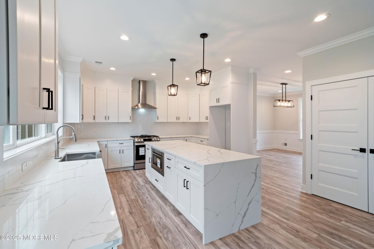 Interior, Kitchen, Pendant Lights, Recessed Lighting, Stainless Steel Appliances, Wood Texture Flooring