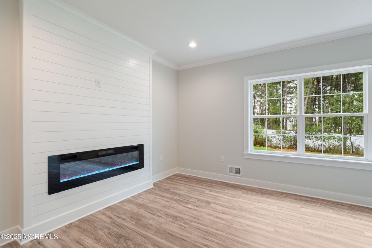 Empty room, Fireplace, Interior, Recessed Lighting, Wood Texture Flooring