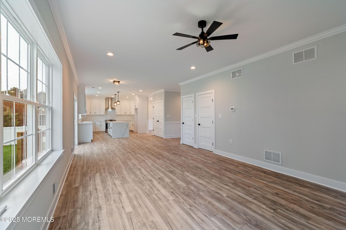 Empty room, Interior, Kitchen, Recessed Lighting, Wood Texture Flooring