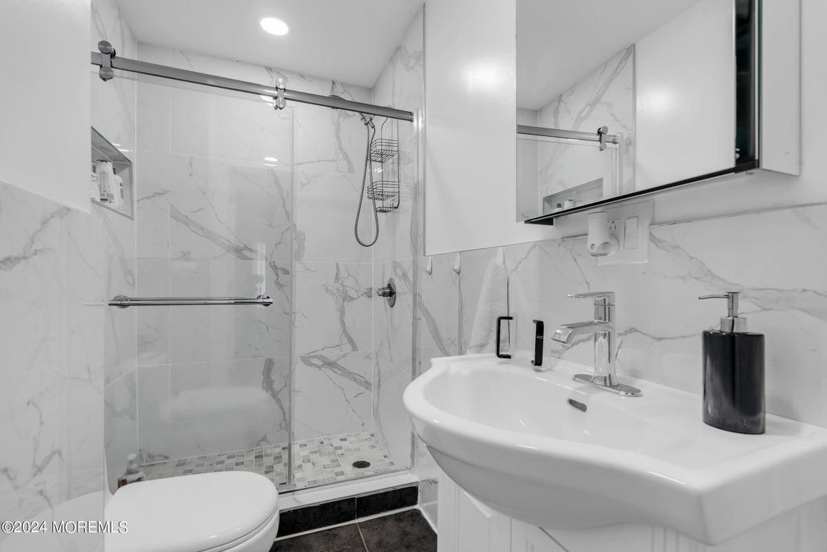 Bathroom, Glass Shower, Interior, Marble Walls, Recessed Lighting