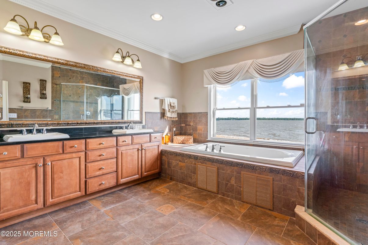 Bathroom, Dual Sink Vanities, Glass Shower, Interior, Recessed Lighting, Water