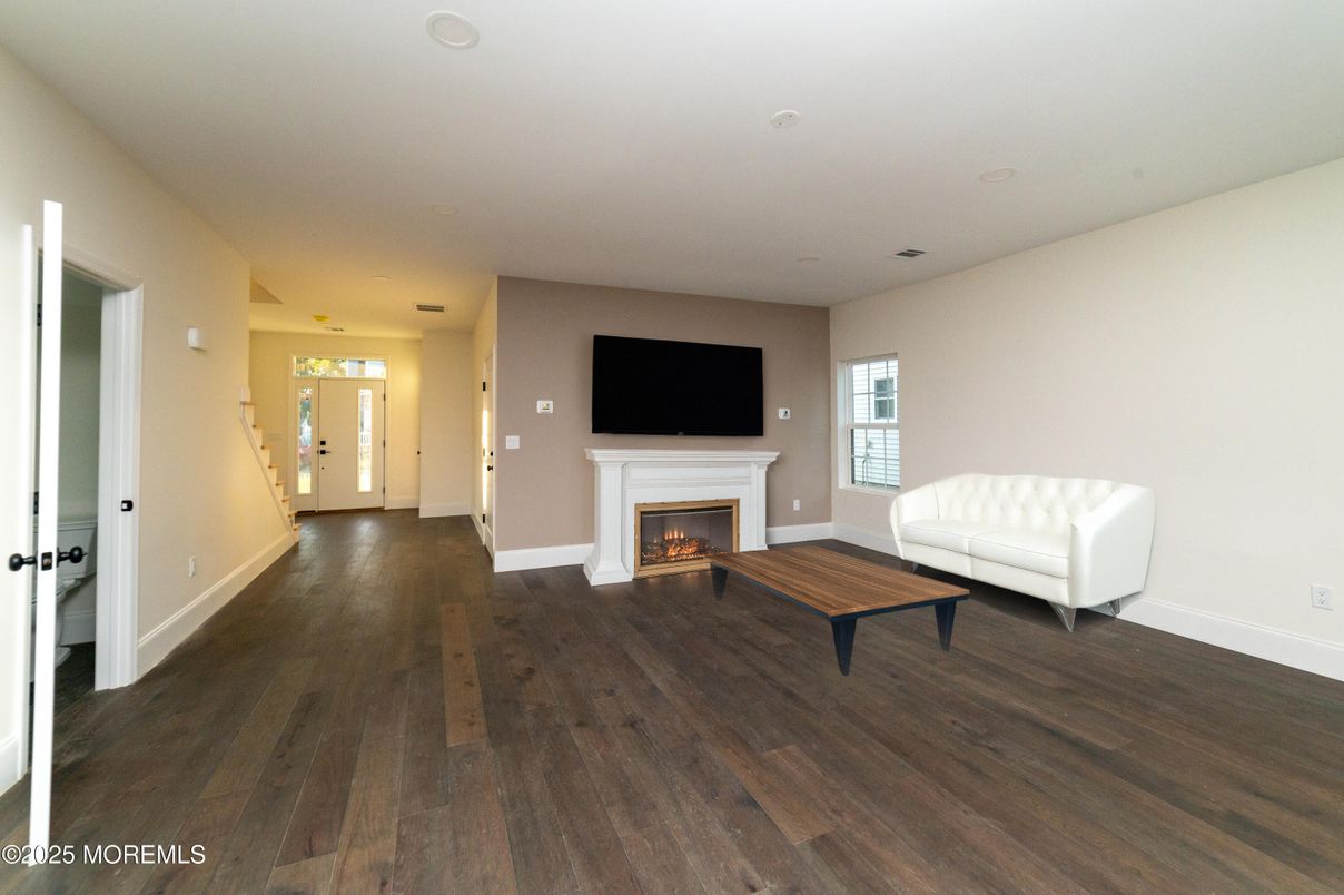 Empty room, Fireplace, Interior, Recessed Lighting, Wood Texture Flooring