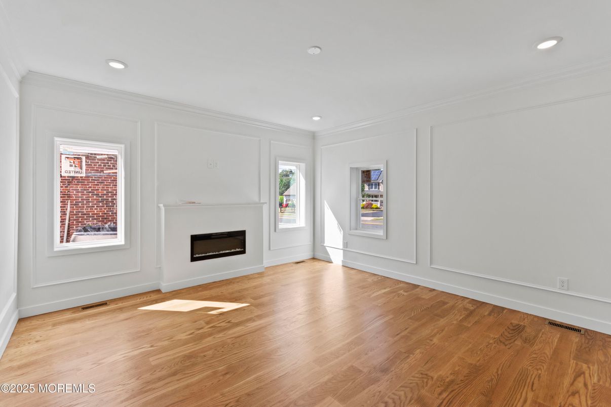 Empty room, Fireplace, Interior, Recessed Lighting, Wood Texture Flooring