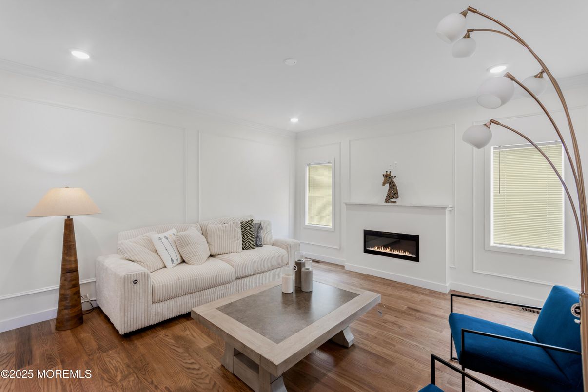 Fireplace, Interior, Living room, Recessed Lighting, Wood Texture Flooring