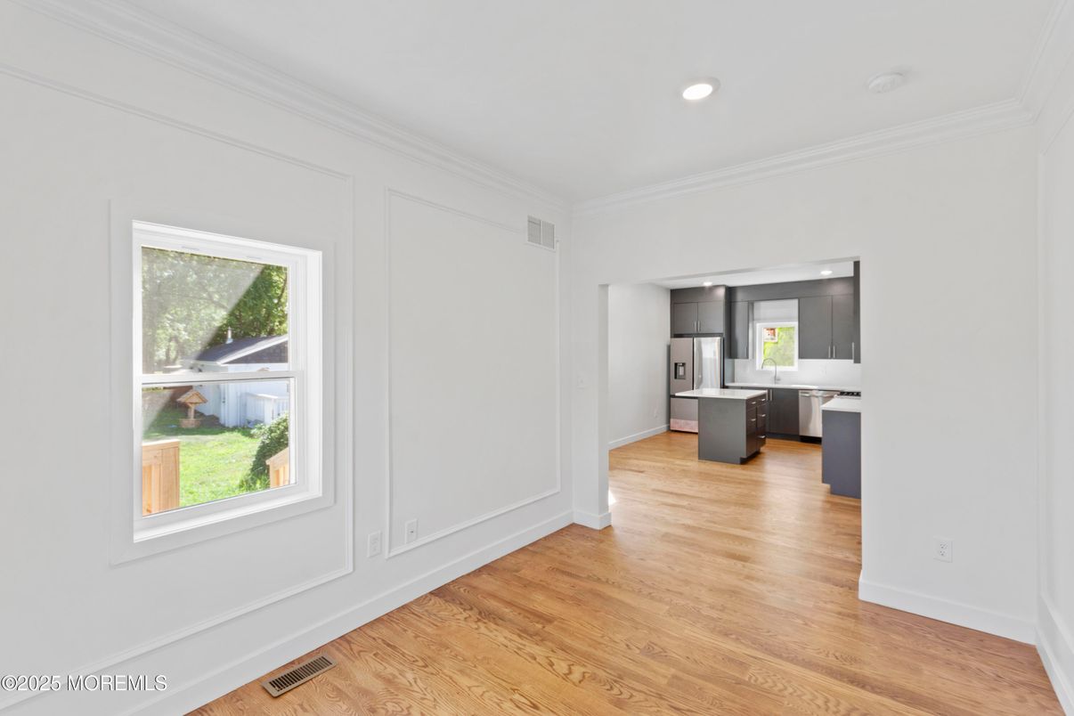 Empty room, Interior, Kitchen, Recessed Lighting, Wood Texture Flooring