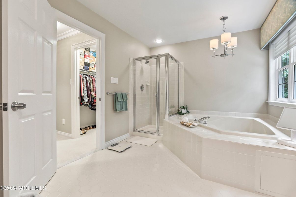 Bathroom, Chandelier, Glass Shower, Interior, Recessed Lighting