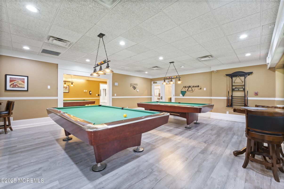 Billiard Table, Game Room, Interior, Pendant Lights, Recessed Lighting, Wood Texture Flooring