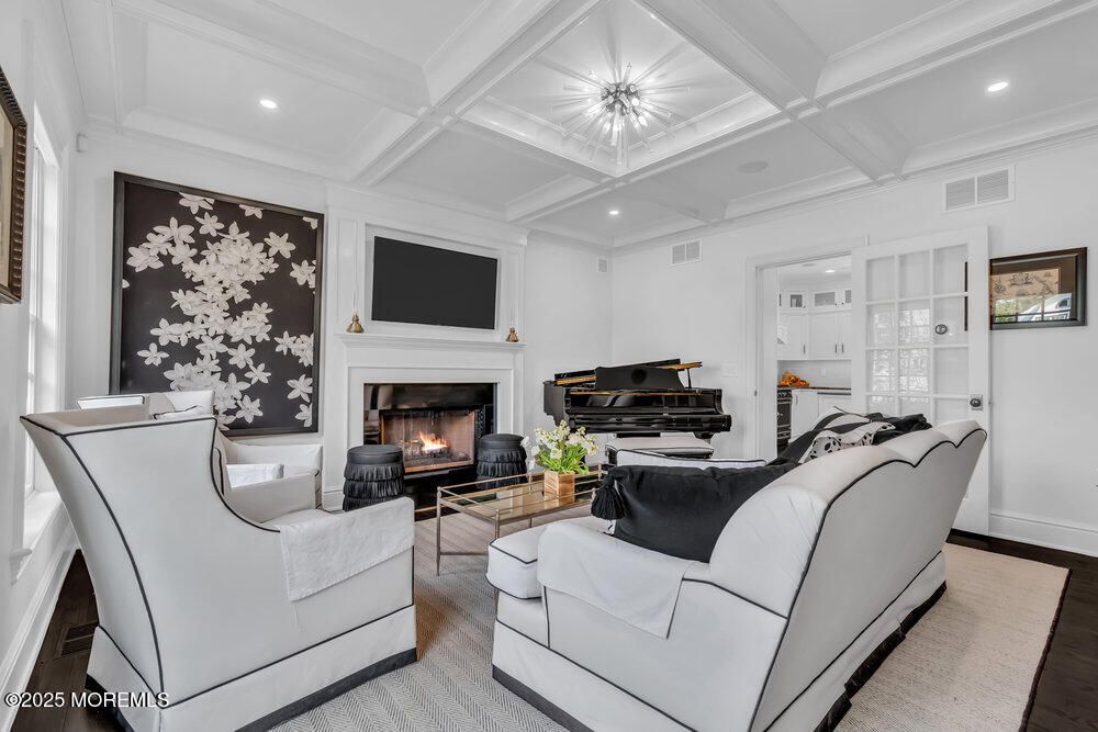 Fireplace, Interior, Living room, Piano, Recessed Lighting, Wood Texture Flooring