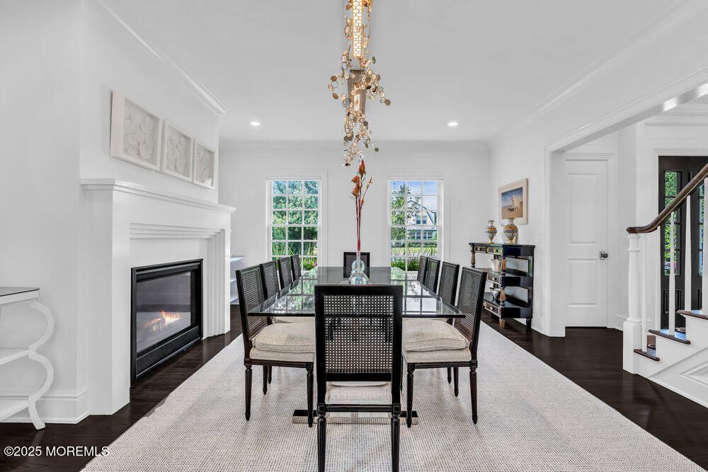 Dining room, Fireplace, Interior, Pendant Lights, Recessed Lighting, Wood Texture Flooring