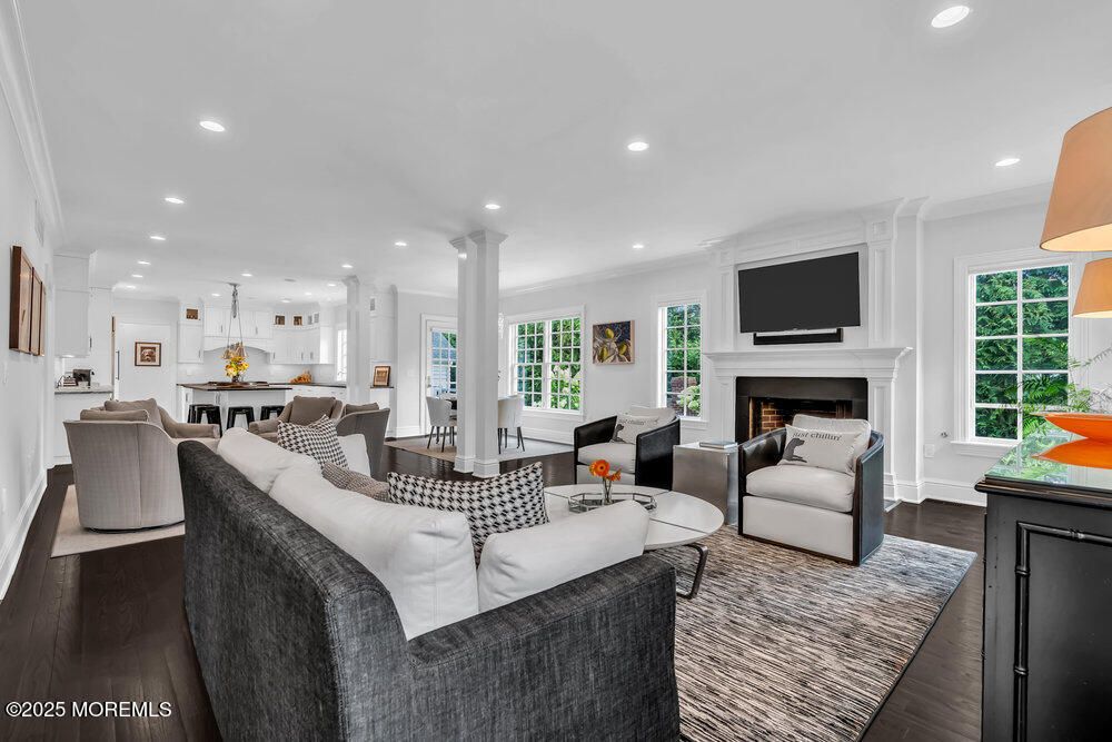 Dining room, Fireplace, Interior, Kitchen, Living room, Pendant Lights, Recessed Lighting, Wood Texture Flooring