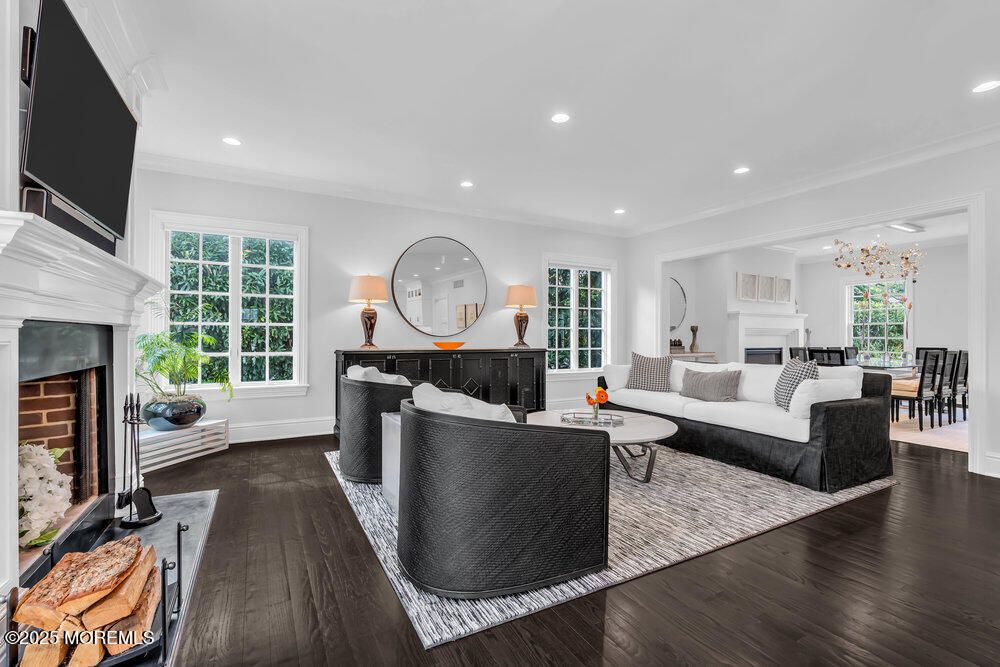 Dining room, Fireplace, Interior, Living room, Recessed Lighting, Wood Texture Flooring