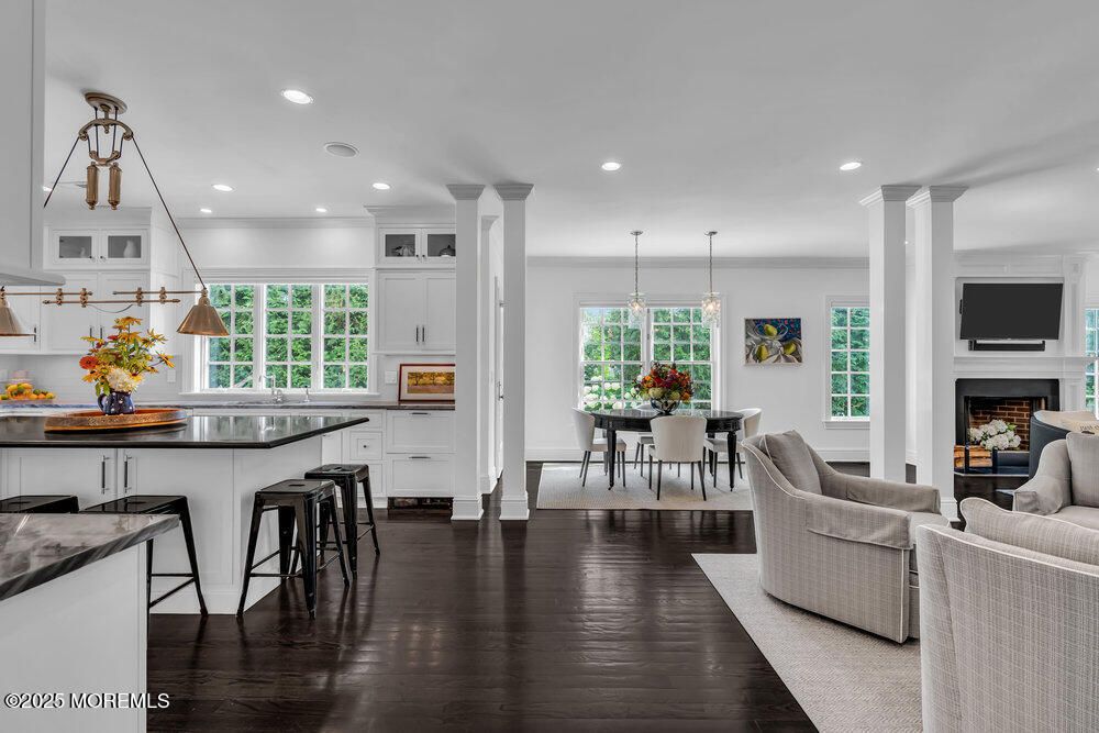 Dining room, Fireplace, Interior, Kitchen, Living room, Pendant Lights, Recessed Lighting, Wood Texture Flooring