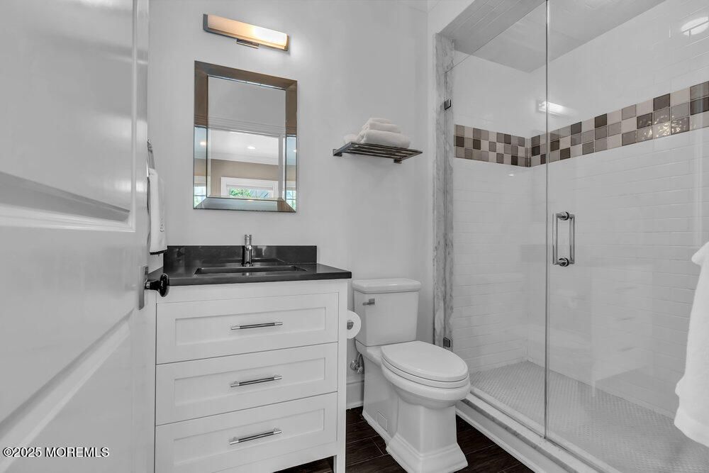 Bathroom, Glass Shower, Interior, Wood Texture Flooring