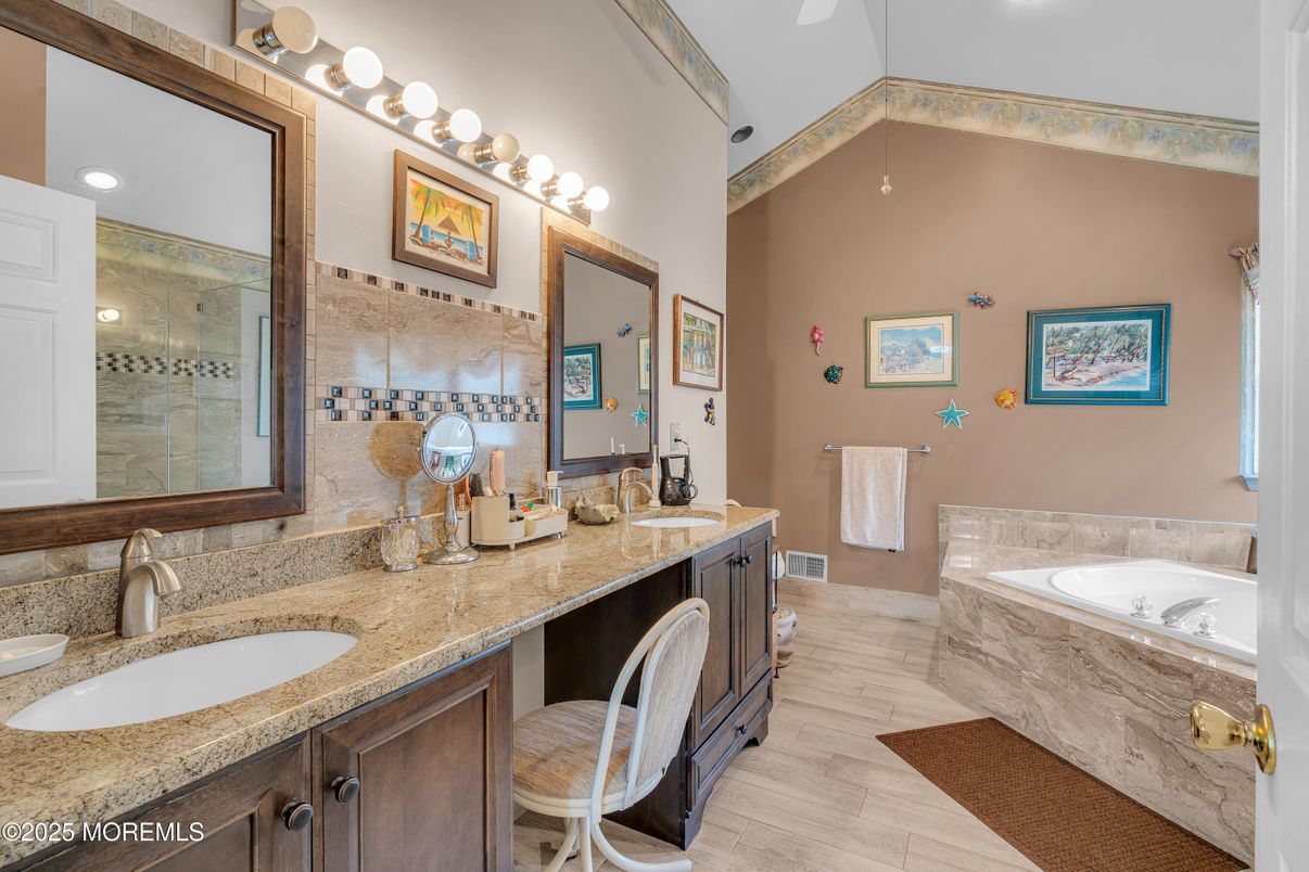 Bathroom, Dual Sink Vanities, Interior, Recessed Lighting, Wood Texture Flooring