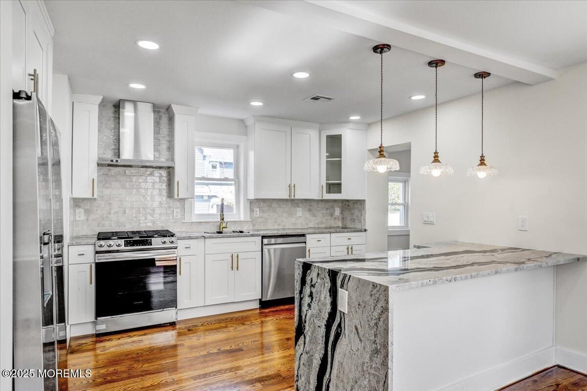 Interior, Kitchen, Pendant Lights, Recessed Lighting, Stainless Steel Appliances, Wood Texture Flooring