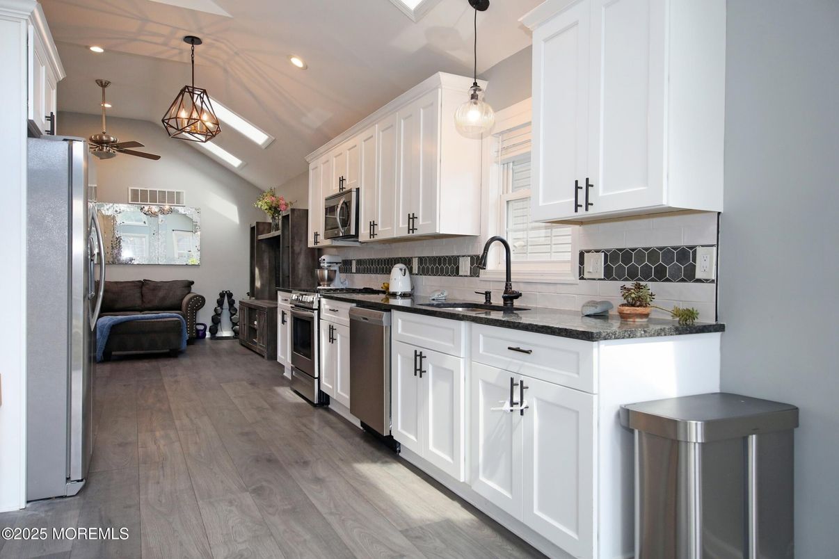 Interior, Kitchen, Pendant Lights, Recessed Lighting, Stainless Steel Appliances, Wood Texture Flooring