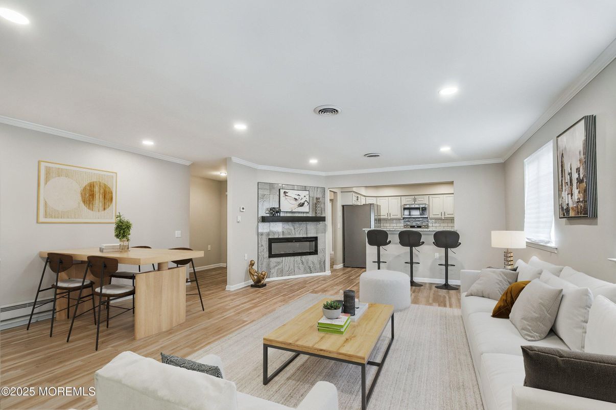 Dining room, Fireplace, Interior, Kitchen, Living room, Recessed Lighting, Wood Texture Flooring