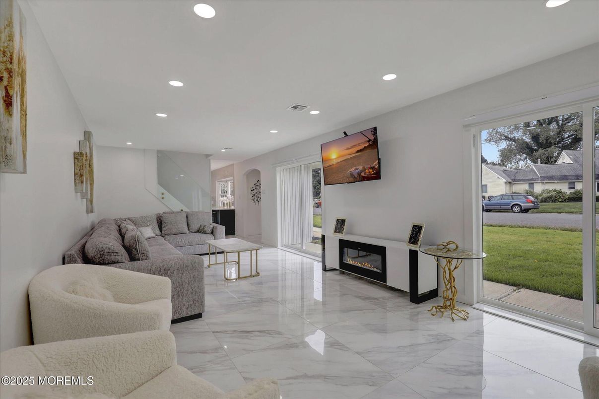 Fireplace, Interior, Living room, Marble, Recessed Lighting