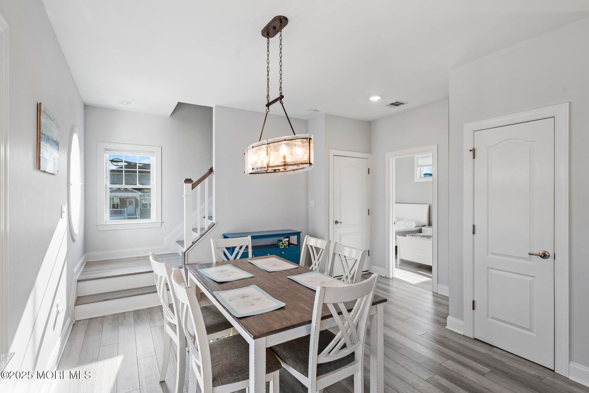 Dining room, Interior, Pendant Lights, Recessed Lighting, Wood Texture Flooring